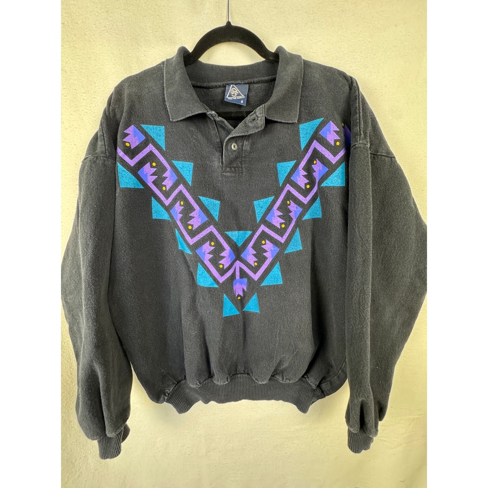 Wek The World Sweatshirt‎ Women 2 Black Geometric Pullover Collared Vintage 90s